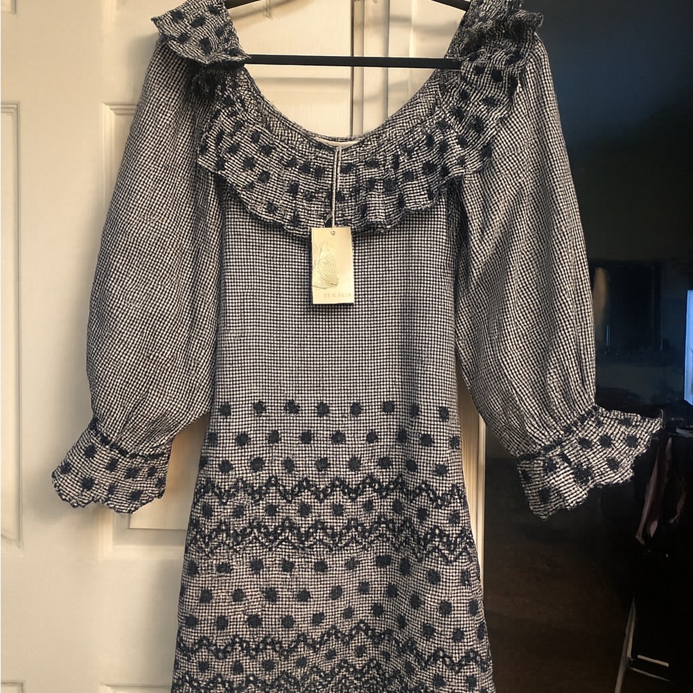 Doen blue and White Patterned Long Sleeve Dress NWT